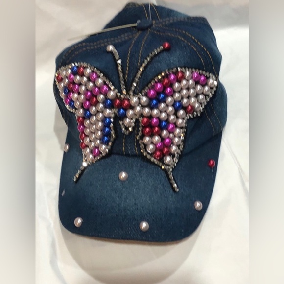 Denim red white pink pearl embellished rhinestone crystal butterfly baseball cap - Picture 12 of 14